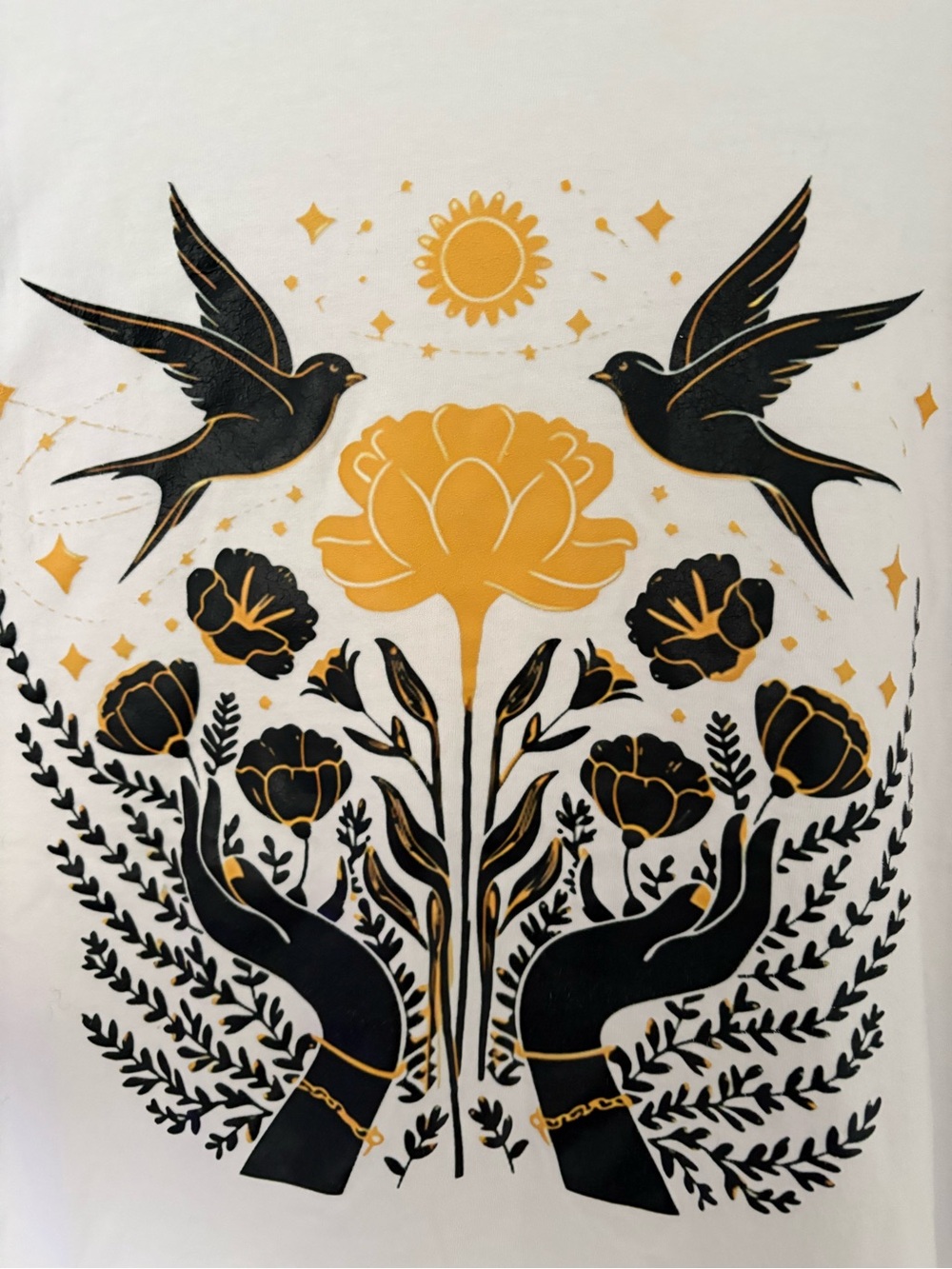 White Short Sleeve Tee with Black & Gold Floral Graphic - Picture 2 of 4